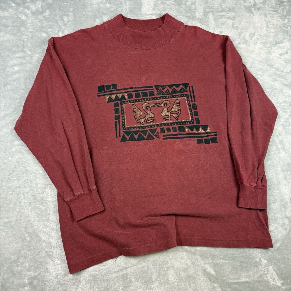 Vintage 80s Southwest Tribal Mock Neck Shirt Long Red Graphic Pullover USA Made